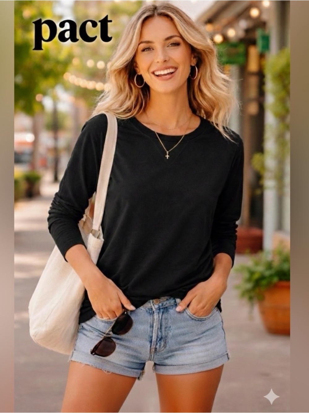 Pact Organic Scoop Neck Cotton Long Sleeve Tee Large. Black.